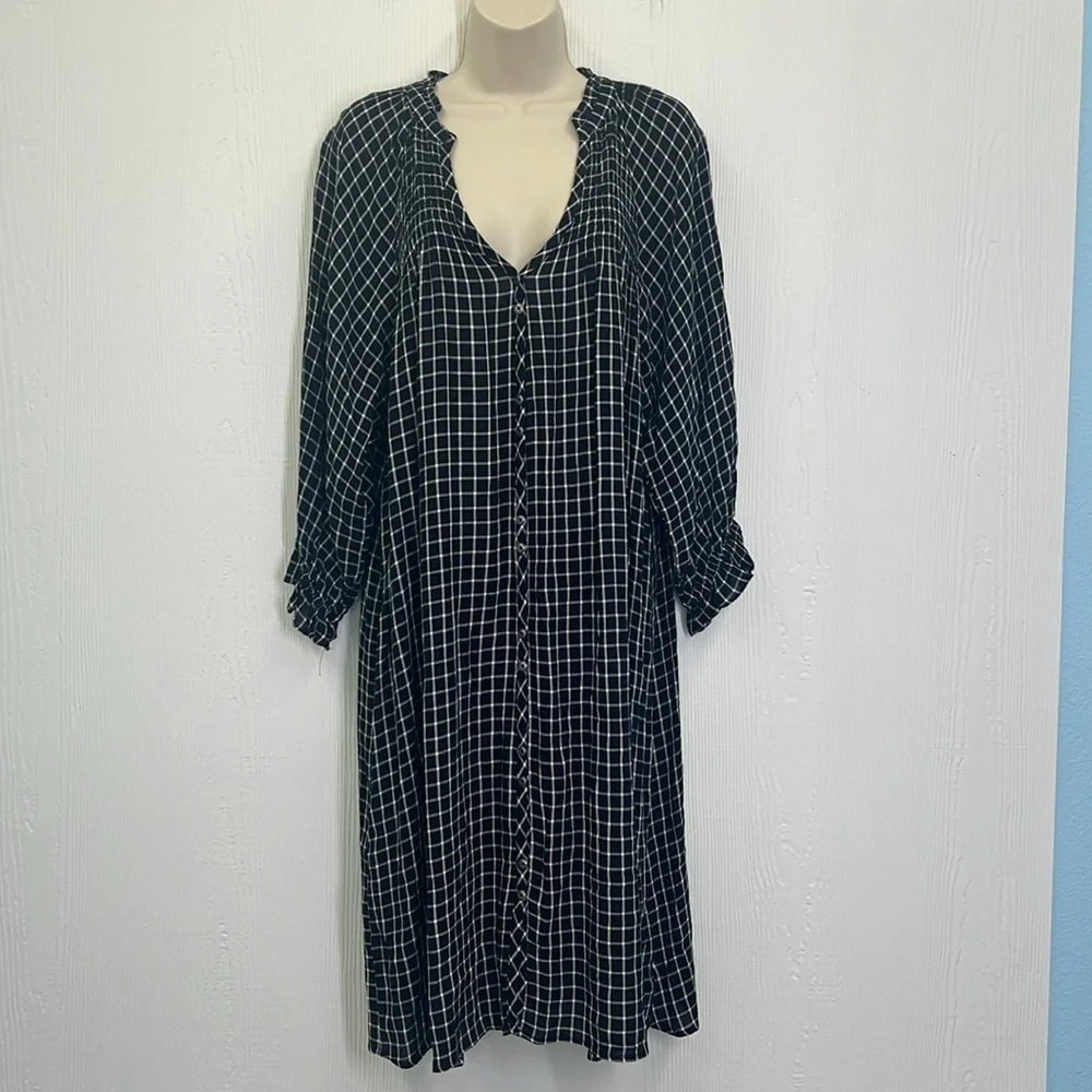 Anthropologie - Maeve Sara Navy Blue Windowpane Plaid Midi Dress Size Medium - Picture 3 of 15